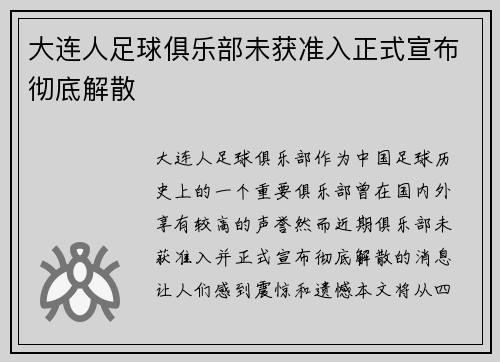 大连人足球俱乐部未获准入正式宣布彻底解散